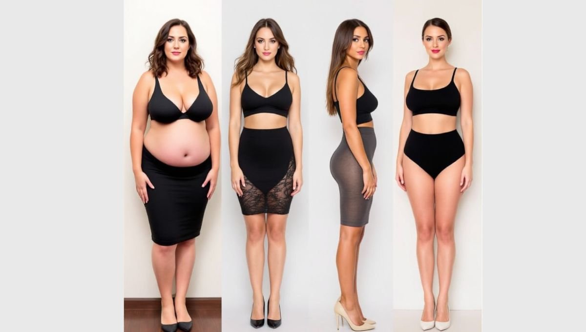 A group of diverse female figures representing various body types, posed gracefully in a serene, natural setting. The figures are depicted in a soft, diffused lighting that accentuates their unique silhouettes and contours. The background features a tranquil landscape with lush greenery, creating a calming, introspective atmosphere. The figures are portrayed with a sense of empowerment and acceptance, encouraging the viewer to embrace their own unique body shape. The overall composition conveys a harmonious and inclusive representation of the feminine form. biotipo corporal feminino